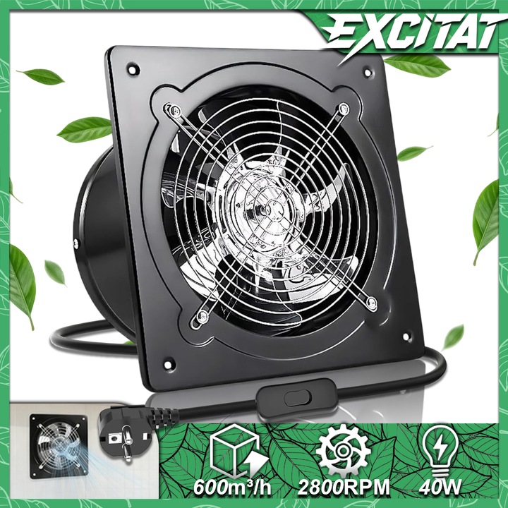 Вентилатор за изпускане 6 инча, Excitat®, със 7 лопатки от неръждаема стомана, Стоманен корпус, Мотор с медна намотка, Вентилация с клапа против насекоми, безшумен модел 25dB, капацитет на вентилация 382 CFM, 40W, 220V/230V/240V, 190x190x135 мм, Черен