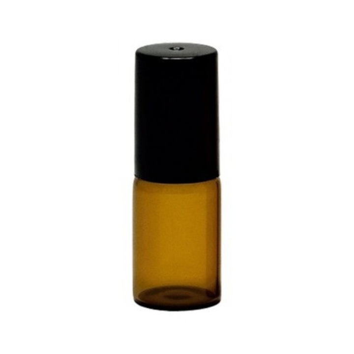 Recipient roll-on ambra, sticla subtire, capac plastic negru, 3ml