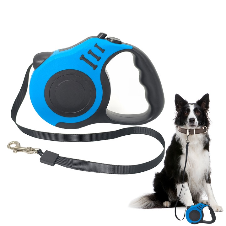 Lesa Automata Retractabila De 5m pentru Caini, Lesa de nailon La 15kg, cu buton strangere si franare controla, Carcasa ABS