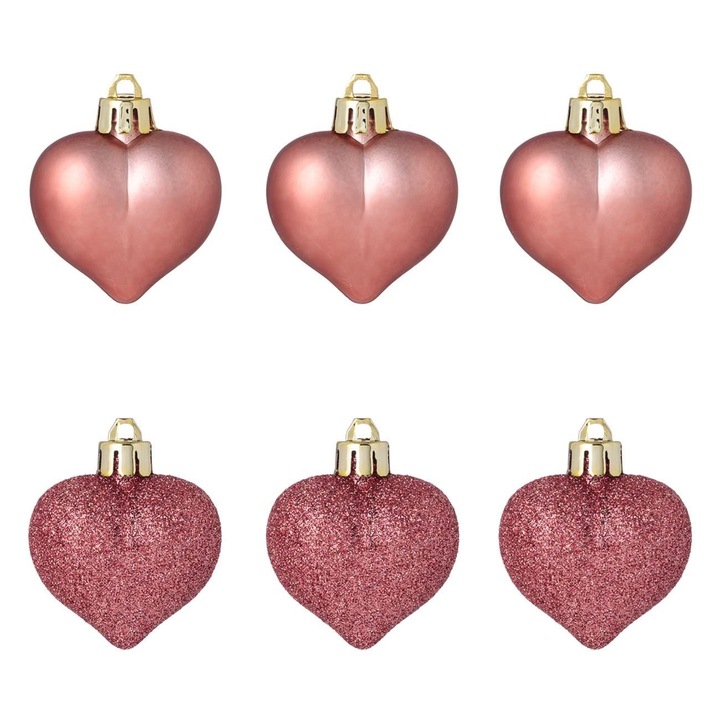 Set ornamente de craciun inimi rose gold mat glitter 5cm - 6buc