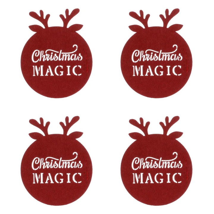 Suport pahare de craciun din pasla bordo cornite de cerb "christmas magic" 12cm - 4buc