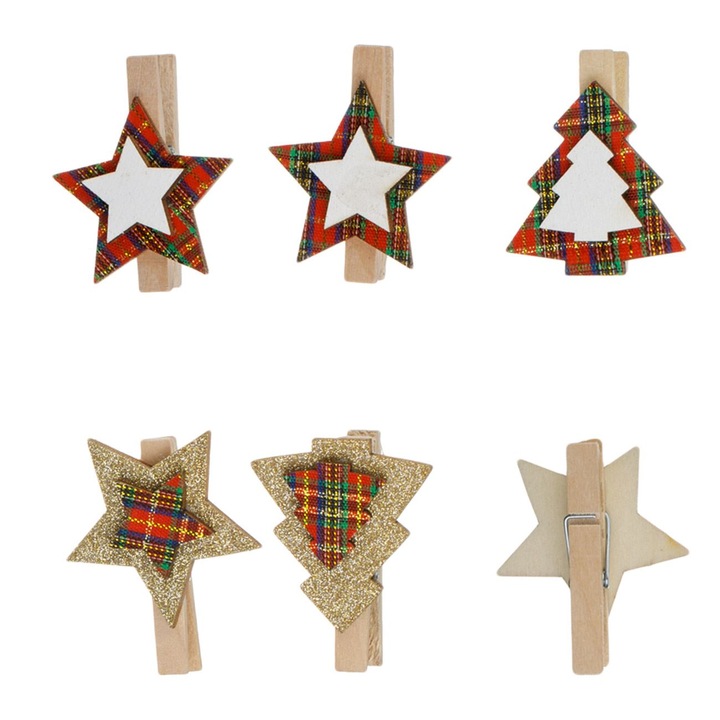 Clestisori din lemn decorativi de craciun brazi stele carouri rosii glitter auriu - 6buc