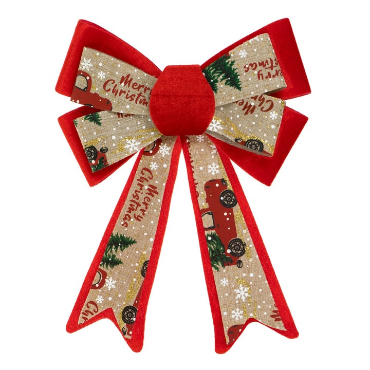 Fundita decorativa de craciun dubla catifelata rosie bej 30cm