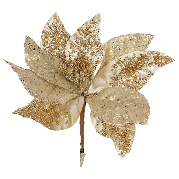 Floare decorativa craciunita cu clips aurie bej glitter 26cm