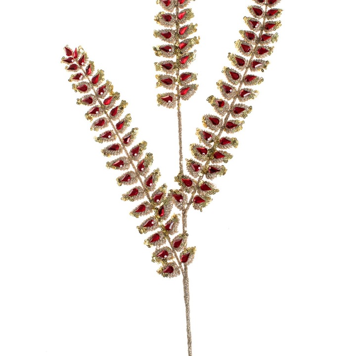 Creanga Decorativa Craciun, Frunze Aurii, Cristale Rosii, 88cm, MYONNA IT & E- COMMERCE ®