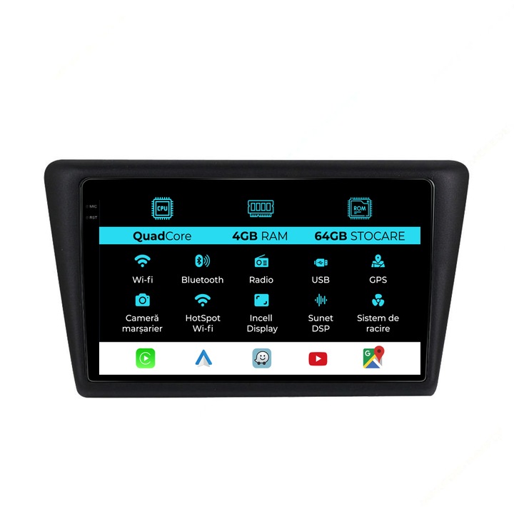 Dedikált navigáció Skoda Rapid (2011-2019), négymagos processzor, 9 hüvelykes kijelző, 4 GB RAM, 64 GB tárhely, Carplay