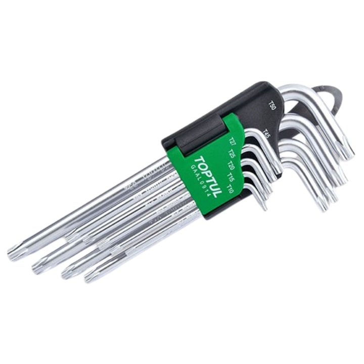 Set 9 chei inbus torx lungi TOPTUL GAAL0914, dimensiuni T10, T15, T20, T25, T27, T30, T40, T45, T50, crom vanadiu