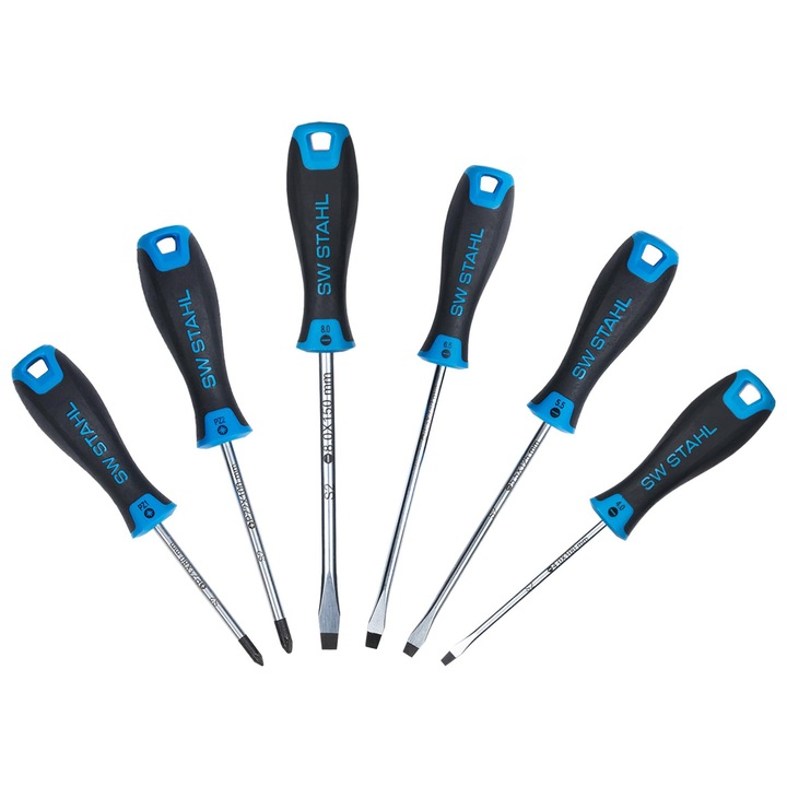 Set de 6 surubelnite SW-Stahl SW32814L, capete plate si in cruce, dimensiuni: 4.0 mm, 5.5 mm, 6.5 mm, 8.0 mm, PZ1, PZ2