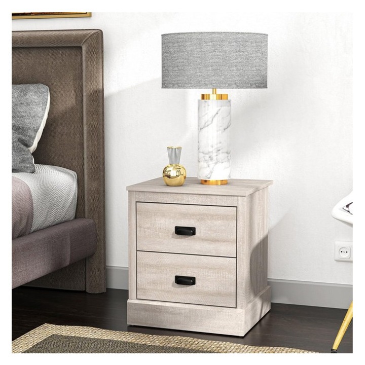 Noptiera Bruno cu 2 sertare, stejar gri,36,3 x 46,5 x 53,7 cm, Galano