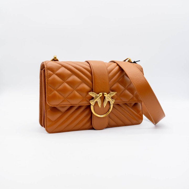 Чанта Pinko Love Classic Icon, естествена кожа, кафява, златни детайли