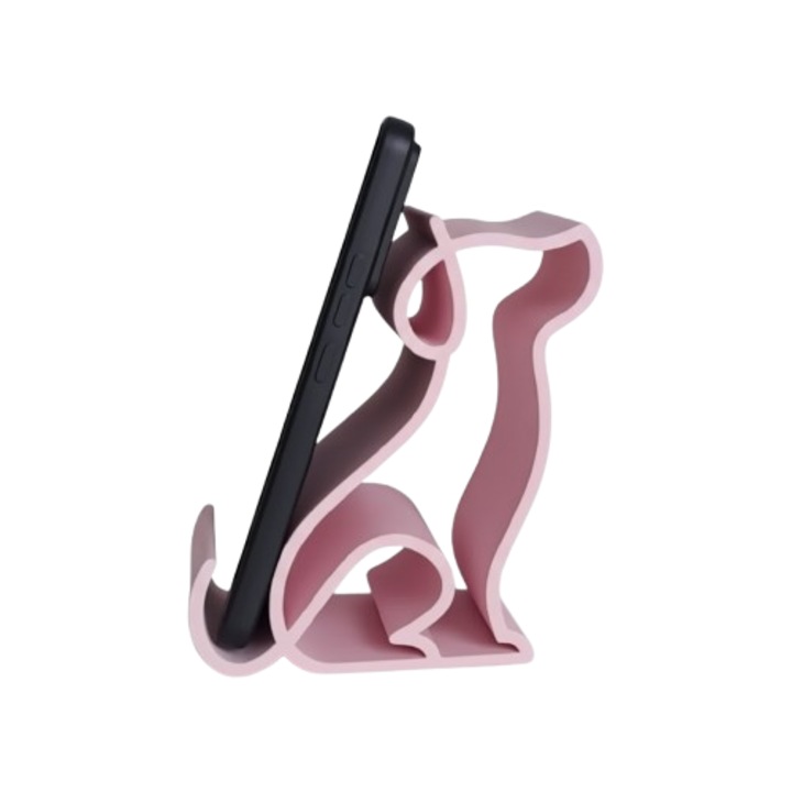 Decoratiune suport telefon haios, Caine silueta 3D, culoare roz, universal, material bioplastic, printare 3D