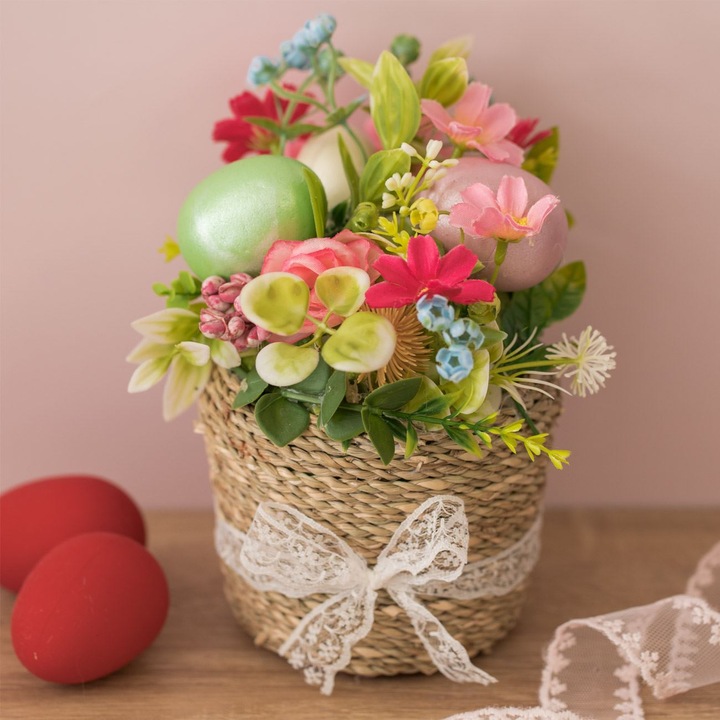 Ghiveci decorativ de paste cu flori oua dantela & fundita ø11x20cm