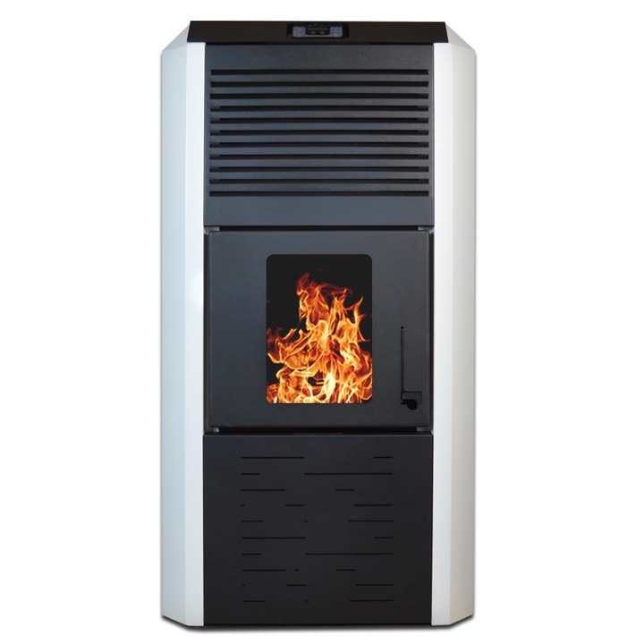 Termosemineu cu peleti Termax Kamin ECO, 30 kW, 220 mp, buncar peleti 55 kg, volum apa 49 litri, diametru cos fum ⌀80 mm, vas expansiune si pompa recirculare incluse, Alb