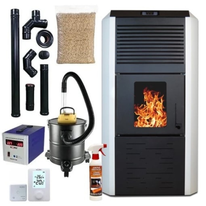 Pachet termosemineu cu peleti Termax Kamin ECO, 30 kW, 220 mp, buncar peleti 55 kg, volum apa 49 litri, diametru cos fum ⌀80 mm, vas expansiune si pompa recirculare incluse, Alb