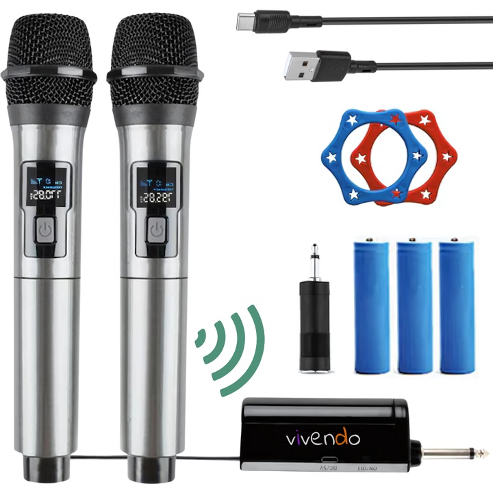 Set Microfoane Wireless Vivendo® (2 microfoane + receptor), Dual-Channel, raza 80 m, 3 Baterii Reincarcabile, Afisaj Digital, Jack 3.5/6.5 mm, Ideal pentruKaraoke, Conferinte, Prezentari