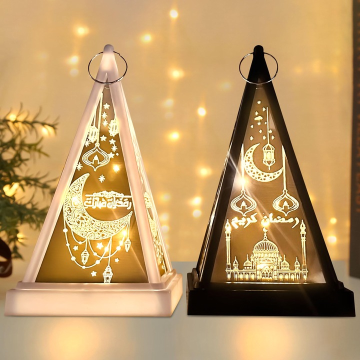 Set 2 Felinare Decorative Ramadan LED, Alb si Negru, ABS si Sticla