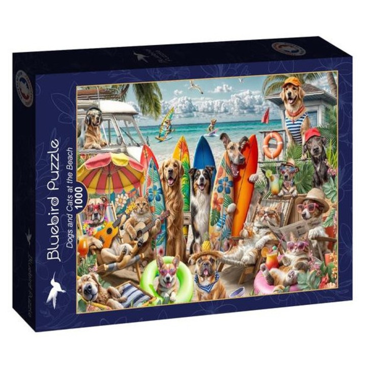 Пъзел Bluebird от 1000 части, Кучета и котки на плажа (91044)