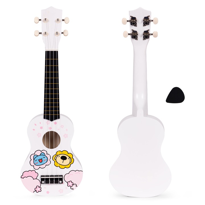 Ukulele gyerekeknek, 4 nejlonhúrral, színes grafikával, 17,5x6x53cm, játéktáblával együtt