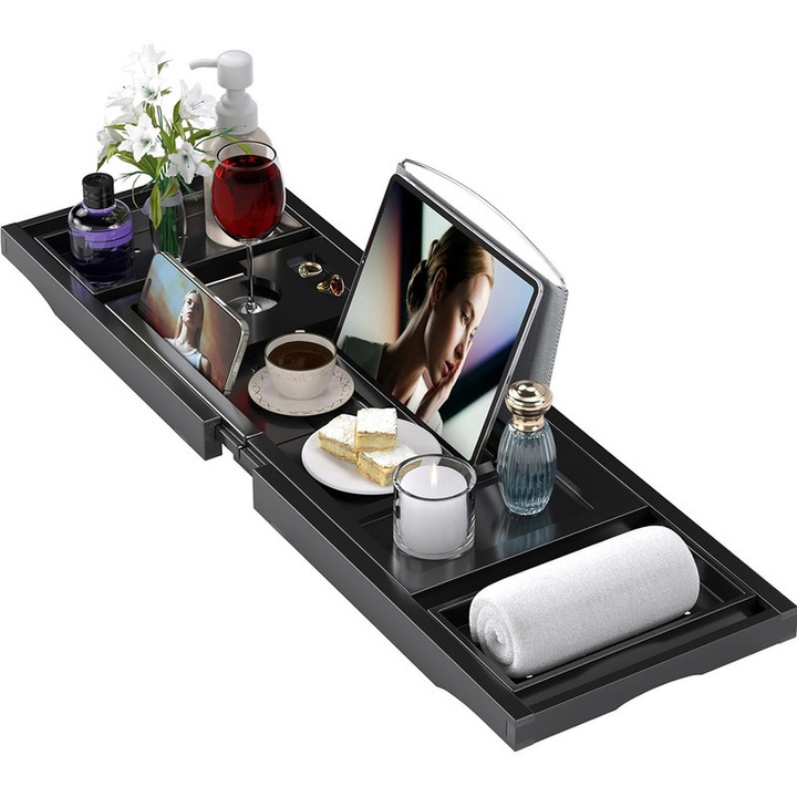 Masa pentru cada Youpehom, extensibila, din bambus, cu suport pentru pahar, 72x101 cm, negru