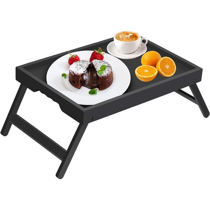 Tava de servire Youpehom din bambus, cu picioare pliabile, pentru mic dejun in pat, neagra, 51.3x28.7x20.3 cm