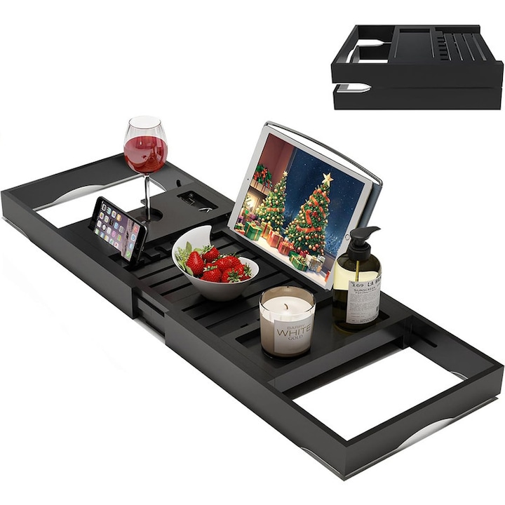 Masa suport pentru cada din bambus extensibil, Youpehom, cu suport pentru carte, suport pentru pahar, 70 x 102 cm, negru