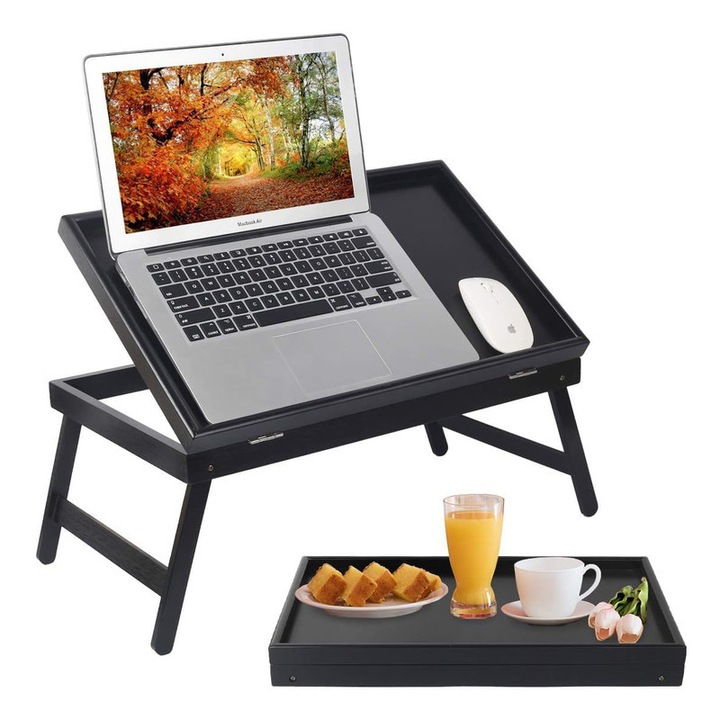 Tava de servire multifunctionala Youpehom, din bambus, cu picioare pliabile, 50x31x17.5cm, neagra