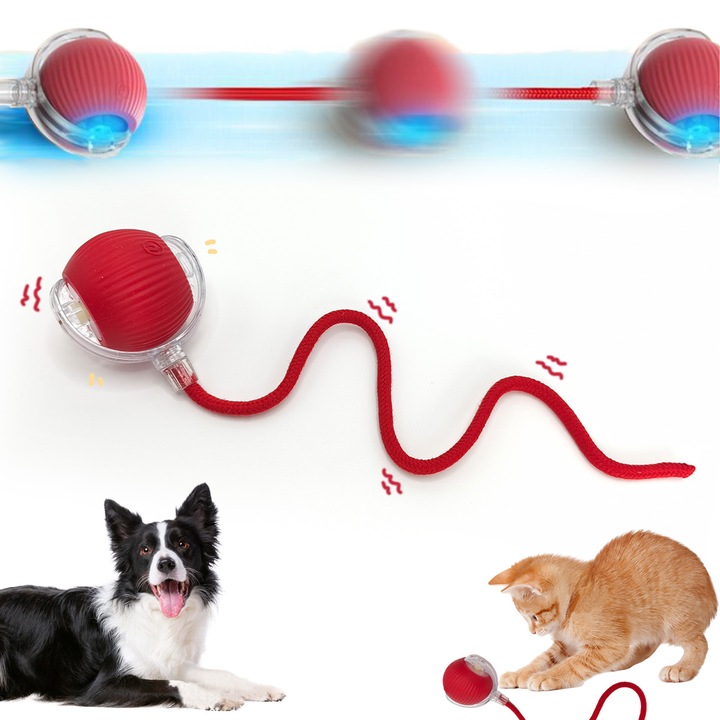 FetchFurry interaktív macskajáték, automata labda bolyhos farokkal, 360 fokos forgás, LED fények, élelmiszeripari szilikon