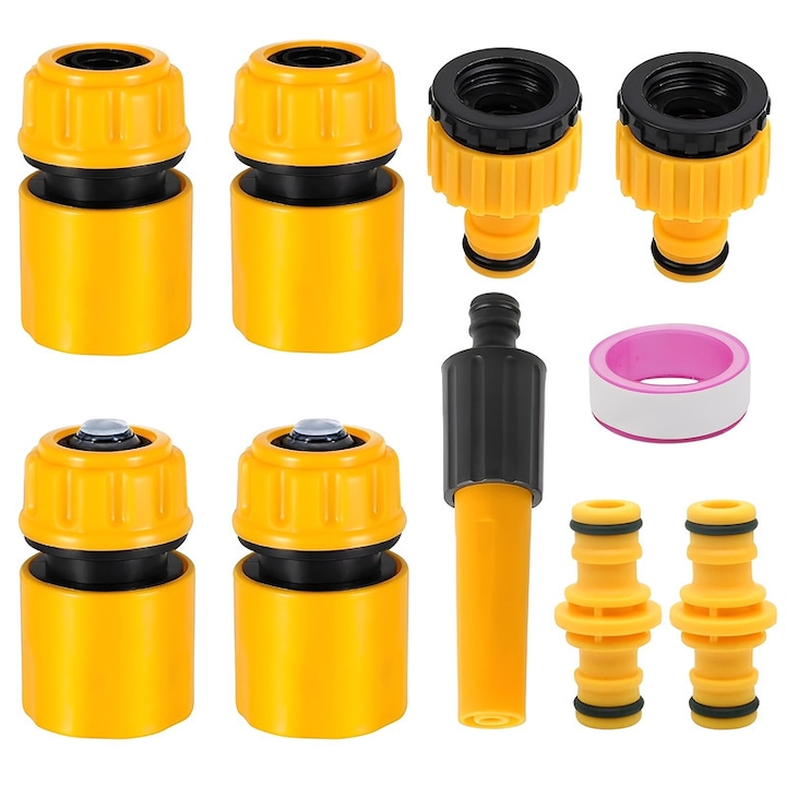 Set de conectori pentru furtunuri 5 piese, TREXORA, 2 conectori rapizi, 1 conector pentru robinet cu filet, 1 duza, 1 banda de etansare, plastic, galben/negru