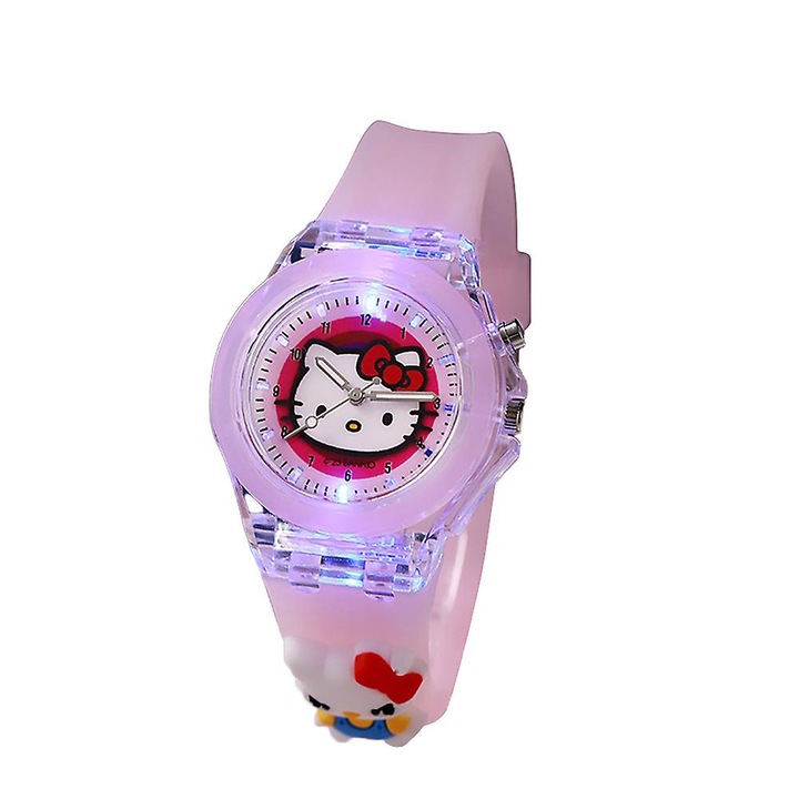 Ceas de mana pentru copii, Hello Kitty, curea din silicon, efect luminos, 36x17mm