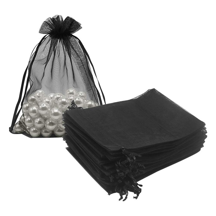 Set 100 pungi organza negre 12.7x17.8 cm, ambalaje cadouri, material premium, cu snur satinat