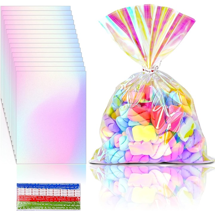Set 100 pungi cadou din organza, 10x15cm, transparente, irizate, pentru nunti, petreceri