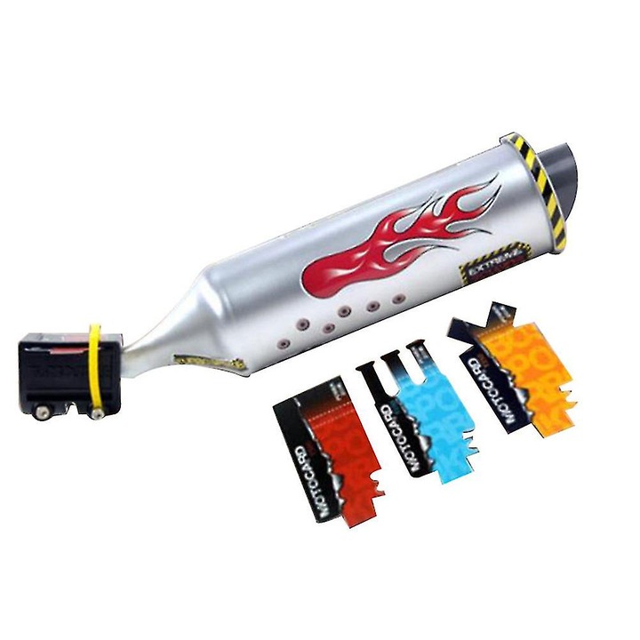 Kerékpár kipufogócső, motorkerékpár hangok, ezüst, 35x7.5cm, 3 hangkártyás készlet