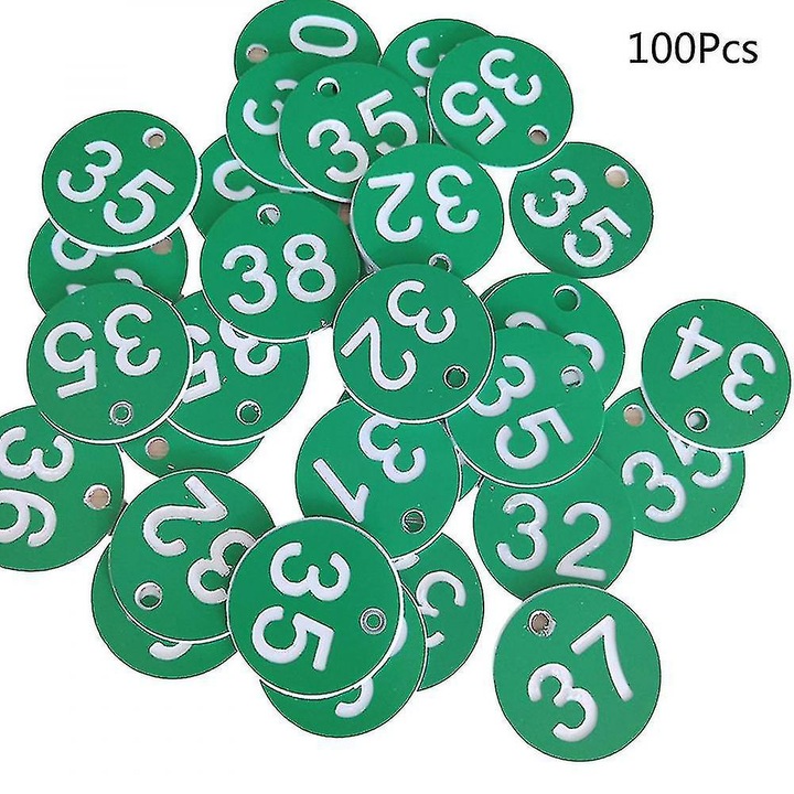 Set 100 etichete ID numerotate 1-100, plastic, verde, 3.5cm