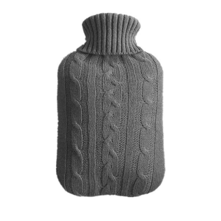 Бутилка за топла вода от 2000 мл, с плетена калъфка, релаксираща грейка, тъмно сиво