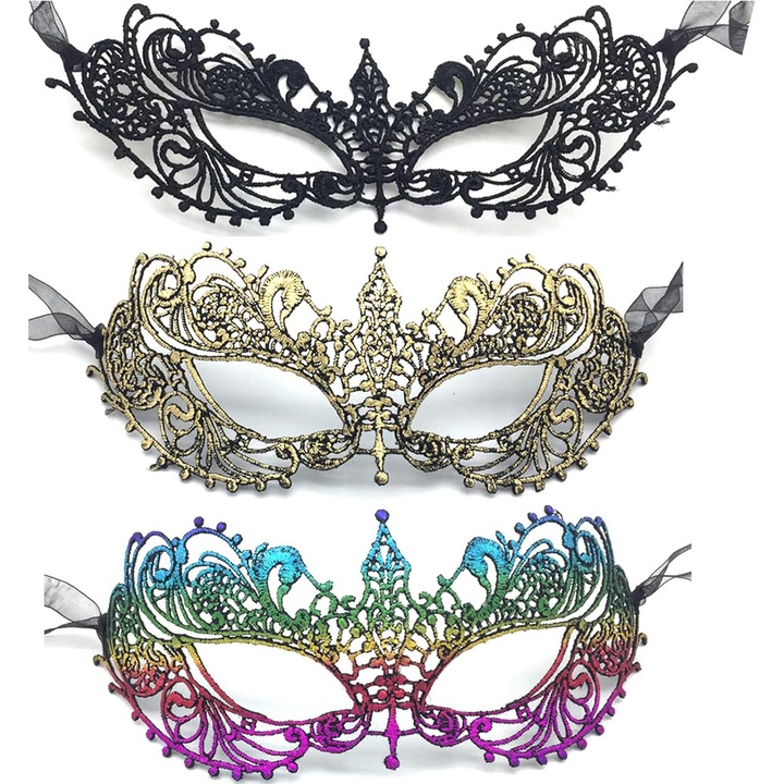 Masca de carnaval din dantela, set 3 bucati, designuri diferite, culori festive, dimensiune unica