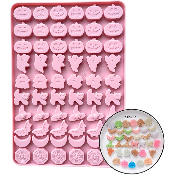 Set forme de copt Halloween - 60 cavitati, modele: fantoma, dovleac, liliac, paianjen, roz