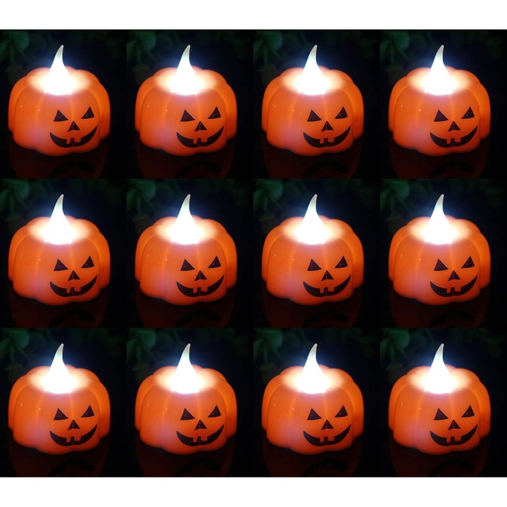 Set 12 lumanari LED dovleac, decor Halloween, functionare cu baterii, efect flacara reala, sigure