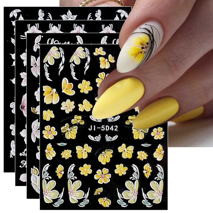 Комплект 3D стикери за нокти, пролетни цветя, 4 листа, многоцветни