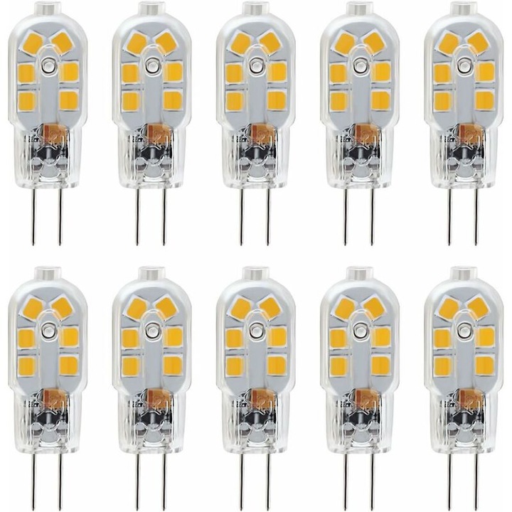 LED крушка G4 12V, еквивалент на 2W спрямо 10W халогенна лампа, без трептене, 200LM, топло бяла 3000K, ъгъл на лъча 360°, недимируема, пакет от 10