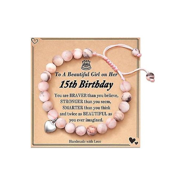 Bratara cu inima din piatra naturala zebra roz, set cadou pentru fetite de 10 ani, cu mesaj si punga din catifea