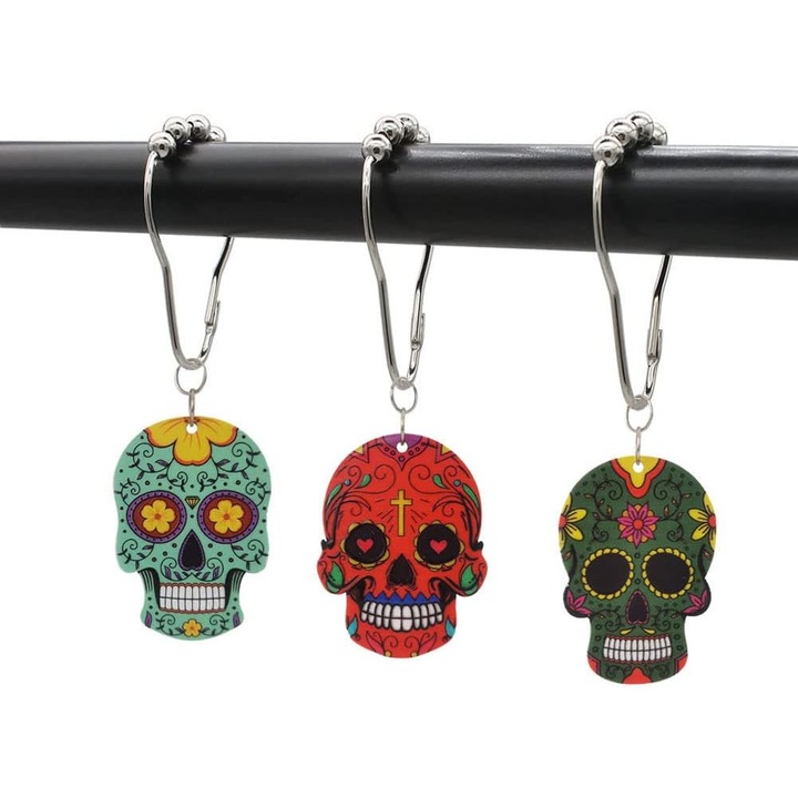 Set accesorii perdele baie cu cranii pentru Halloween, 12 bucati, inox rezistent la rugina, design floral.