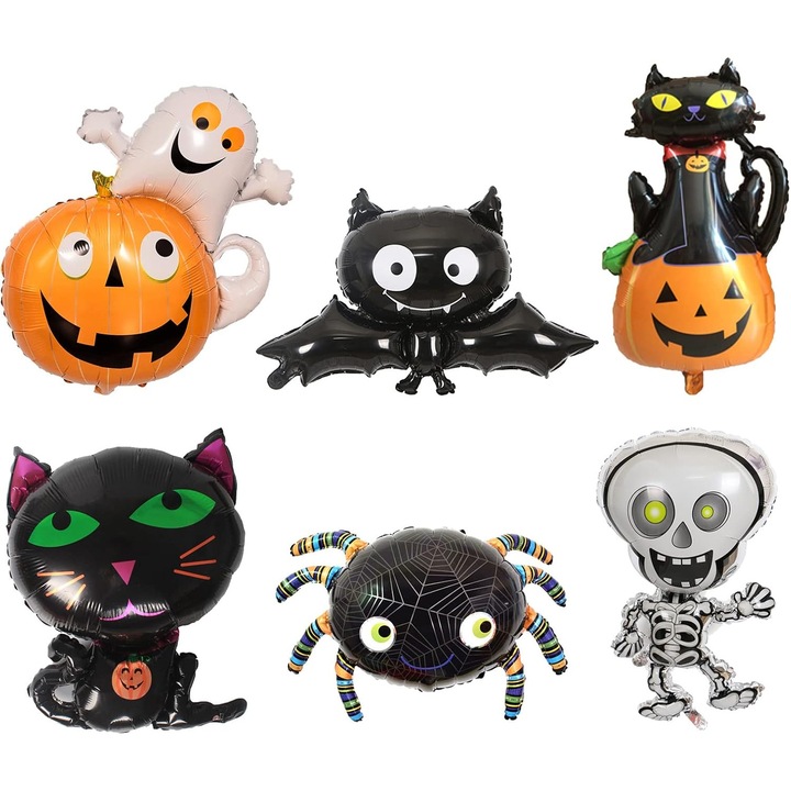 6 db Halloween Fólia Lufi Szett - Fekete Macska, Tök, Szellem, Denevér, Koponya, Többszínű