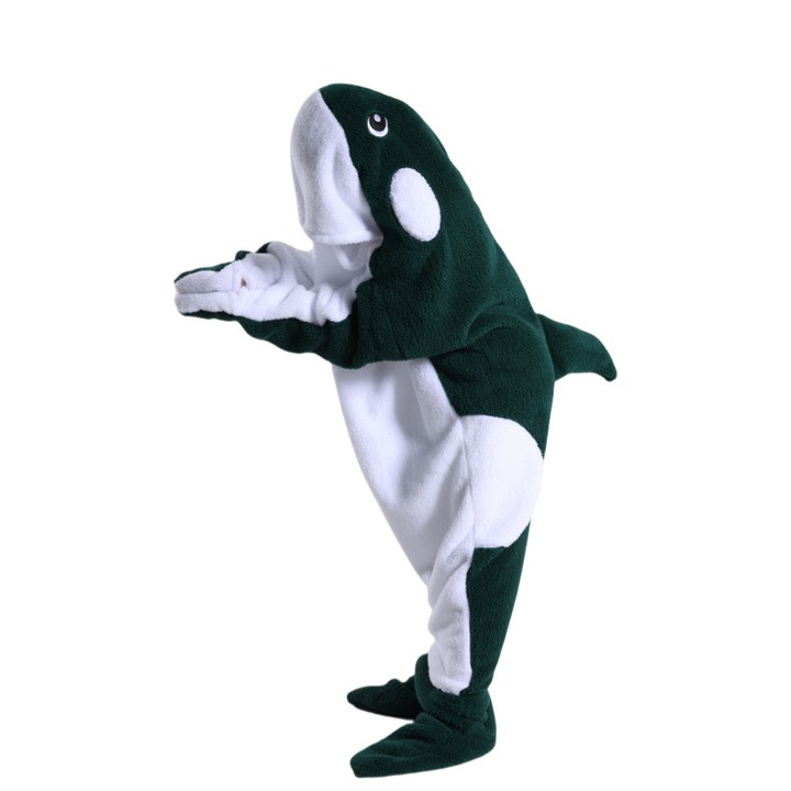 Sac de dormit flanel cu design balena, verde inchis, 150cm, pentru adulti si copii