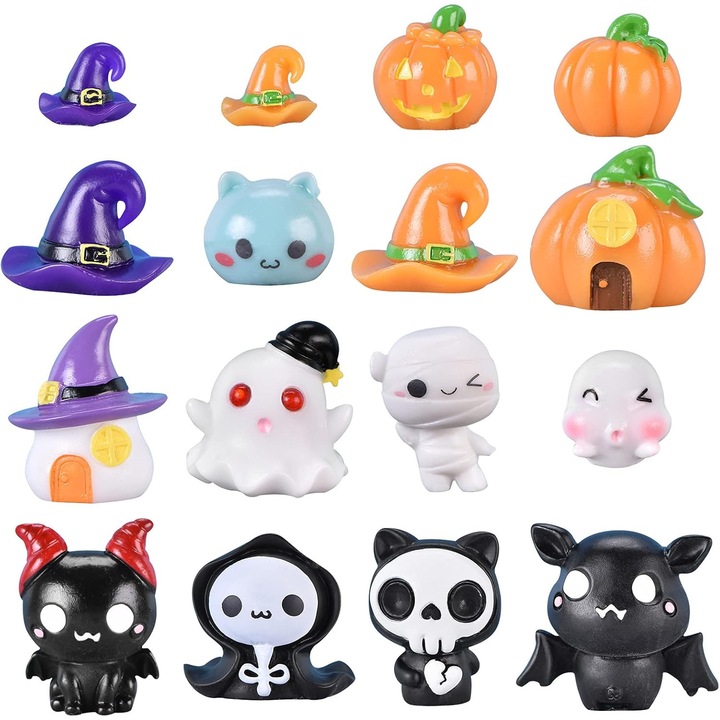 Set 16 piese ornamente mini din rasina pentru Halloween, diverse stiluri, tema Halloween, reutilizabile