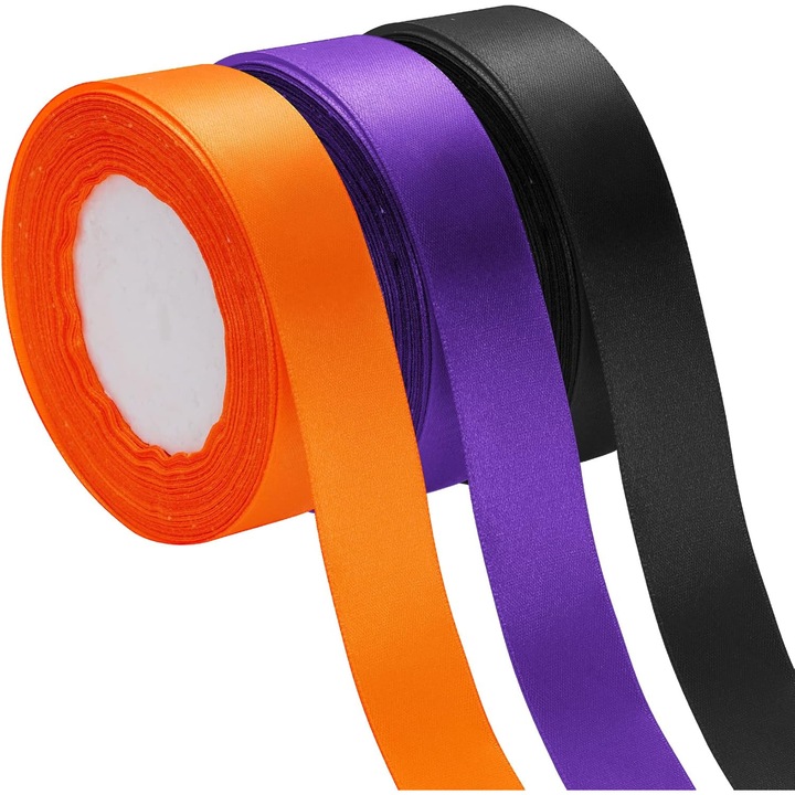 Set 3 role panglici satinate de Craciun, portocaliu/ mov/ negru, 50mm x 25m