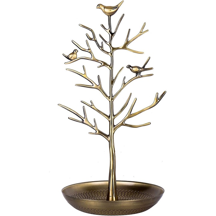 Suport bijuterii, organizator cercei, bratari, coliere, ornament cu pasari, 30x17cm, verde vechi