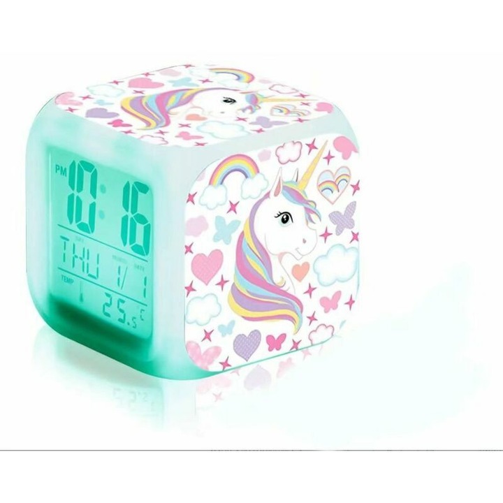 Ceas de birou digital cu LED pentru copii, unicorn, 7 culori, functie snooze, 12/24 ore, set
