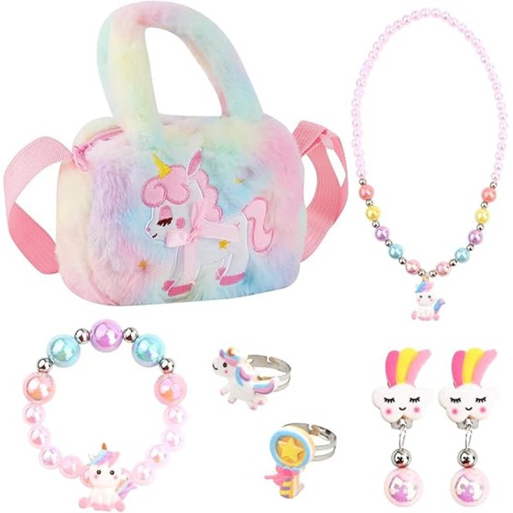 Set geanta unicorn din blana si bijuterii pentru copii, 6 piese, multicolor, ajustabil