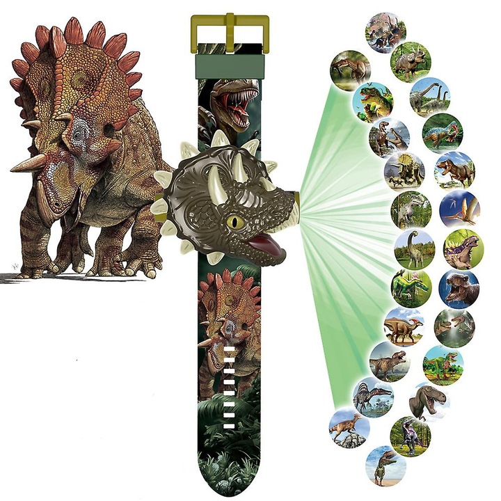 Ceas proiector cu dinozauri, 24 imagini, 22 cm, plastic, pentru copii, set cu baterii