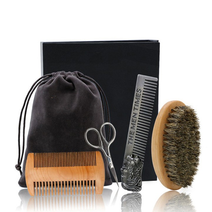 Set perie de barba, pieptene dublu fata, foarfece, zinc, otel inoxidabil, 11.2x6.0cm, 14.8x2.9cm, 10.2x5.7cm